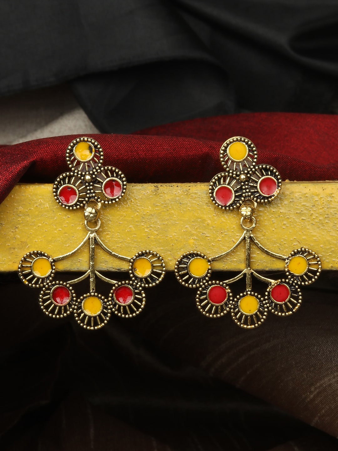 

ANIKAS CREATION Gold-Plated Contemporary Meenakri Floral Shaped Drop Earrings