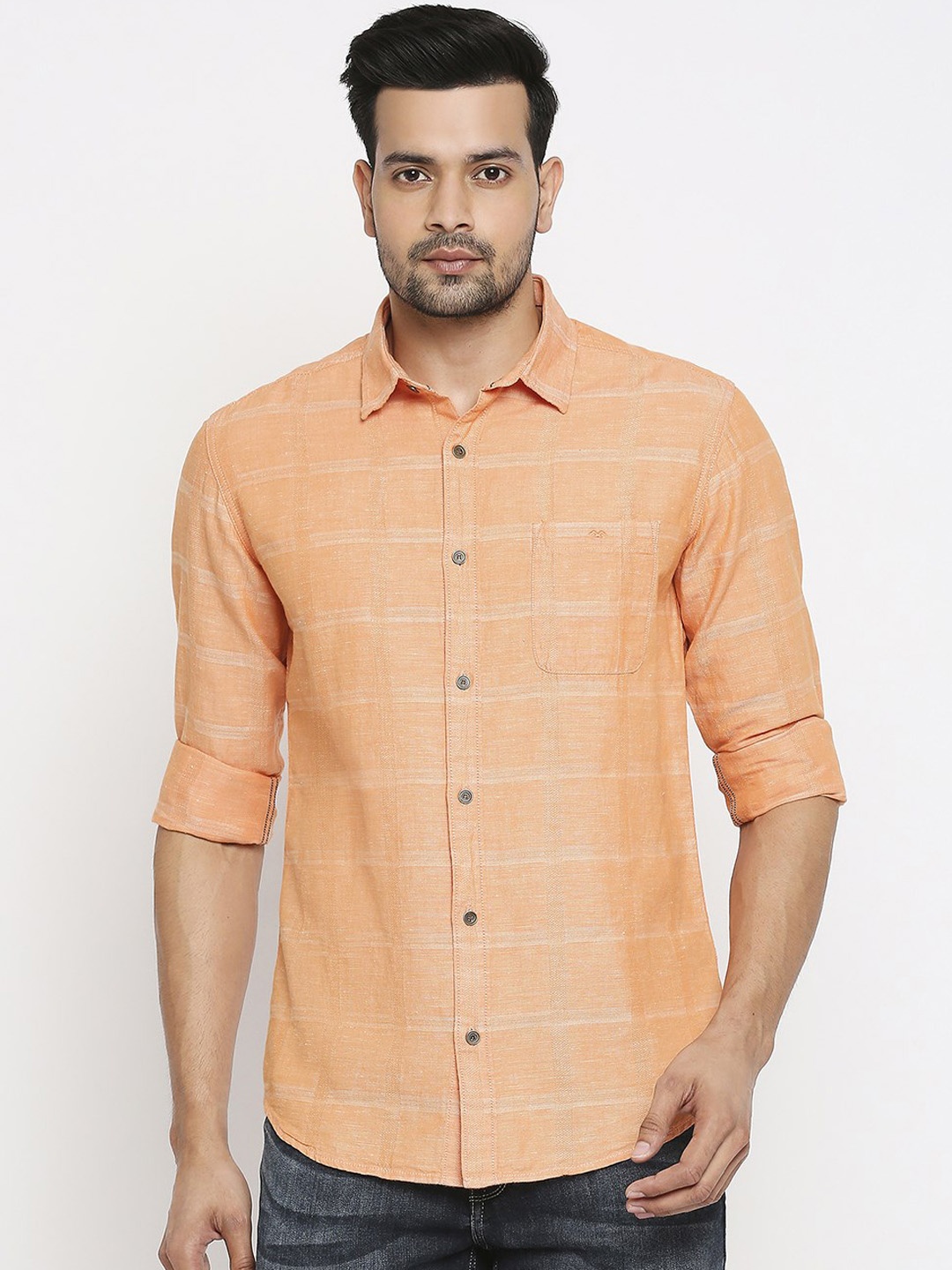 

Mufti Men Orange Slim Fit Checked Casual Shirt