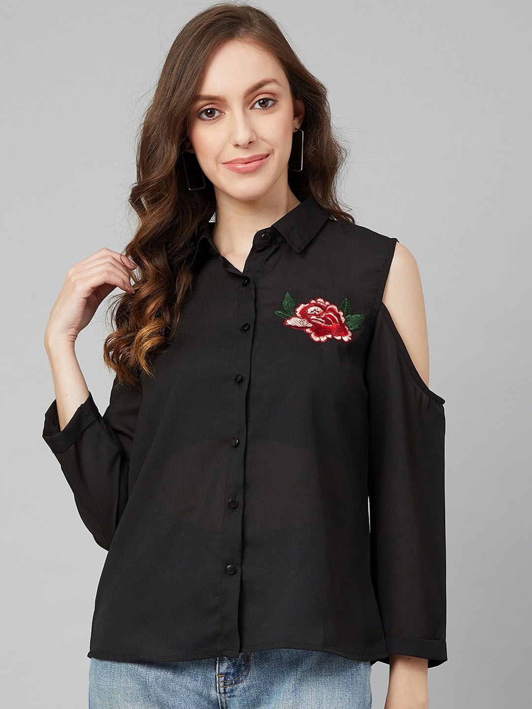 

RARE Black Cold-Shoulder Sleeves Georgette Shirt Style Top