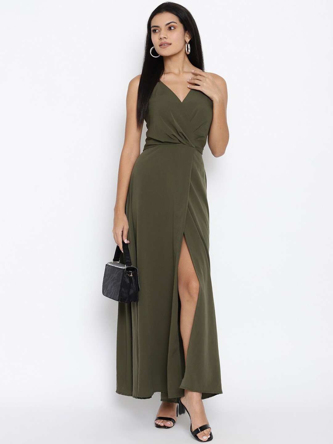 

THREAD MUSTER Women Olive Green Solid Maxi Dress