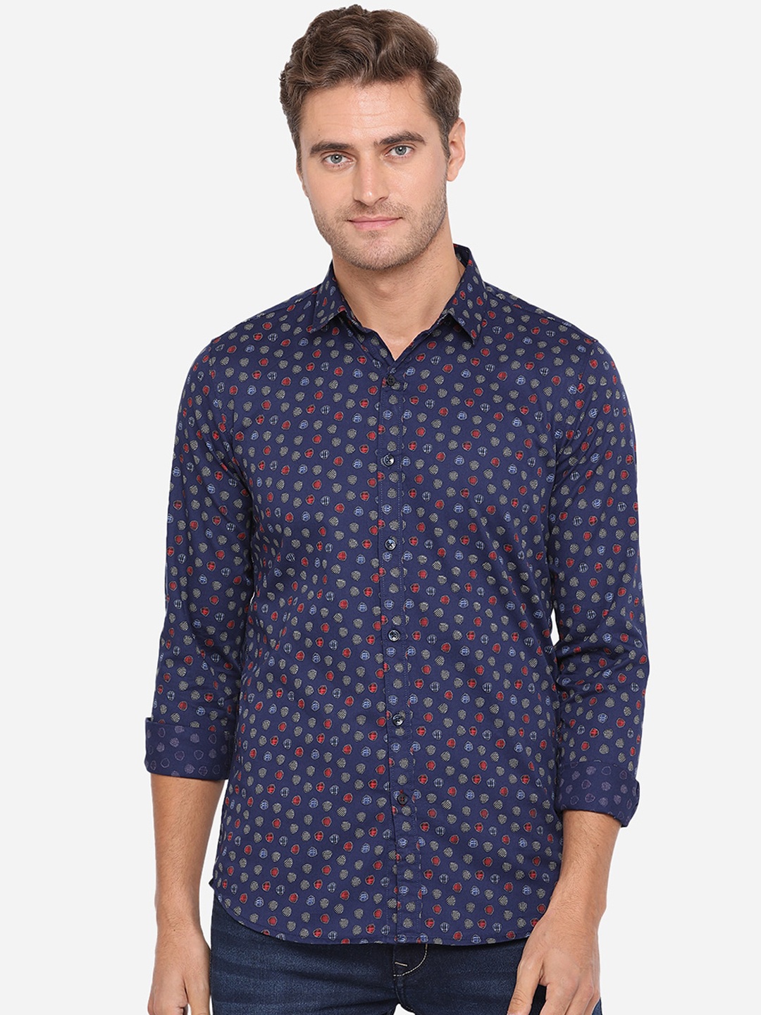 

JADE BLUE Men Navy Blue Slim Fit Printed Cotton Casual Shirt