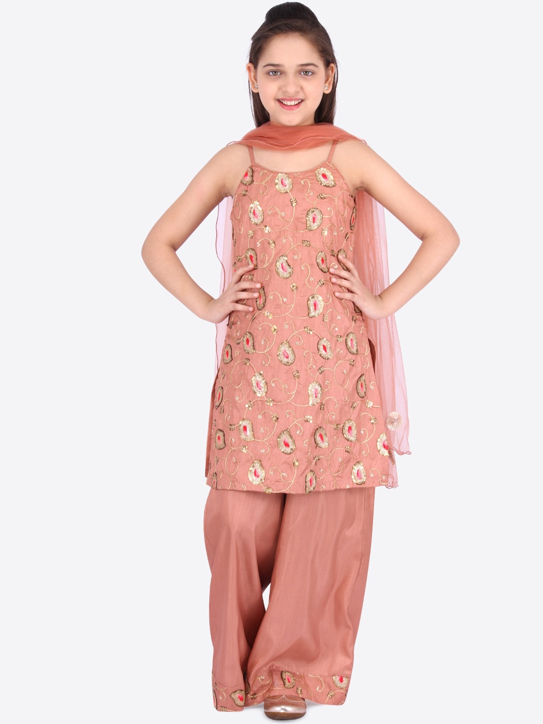 

CUTECUMBER Girls Pink & Green Floral Embroidered Kurta with Palazzos & Dupatta