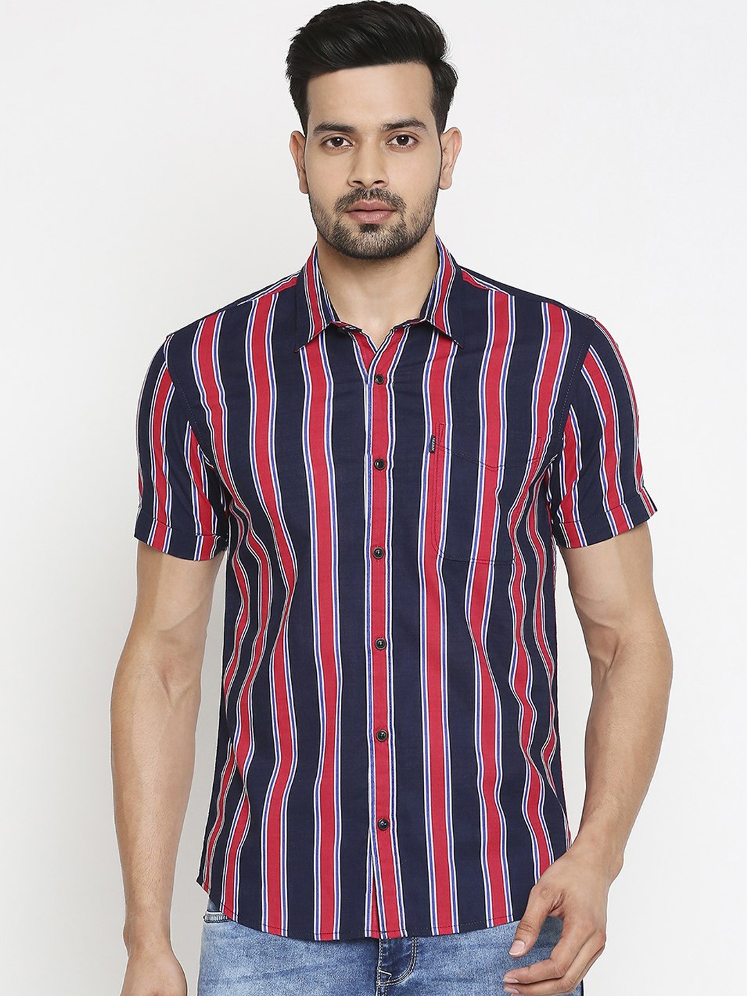 

Mufti Men Navy Blue & Red Slim Fit Striped Casual Shirt
