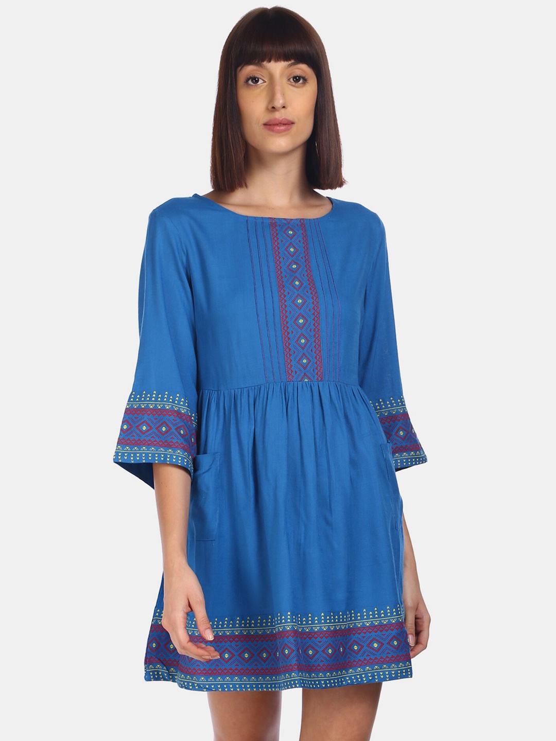 

Karigari Women Blue Printed Fit and Flare Dress