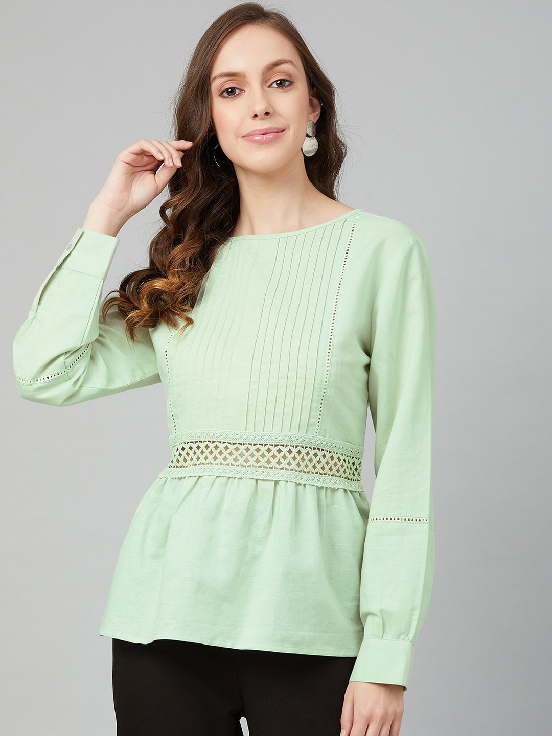 

Marie Claire Green Linen Cinched Waist Top