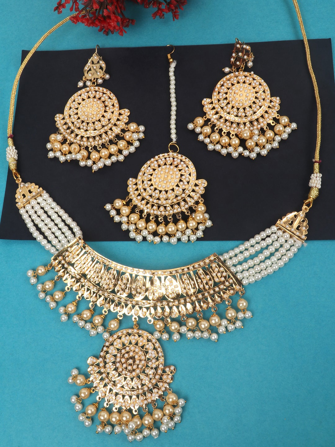 JEWELS GEHNA Gold-Plated White Beaded Jadau Jewellery Set