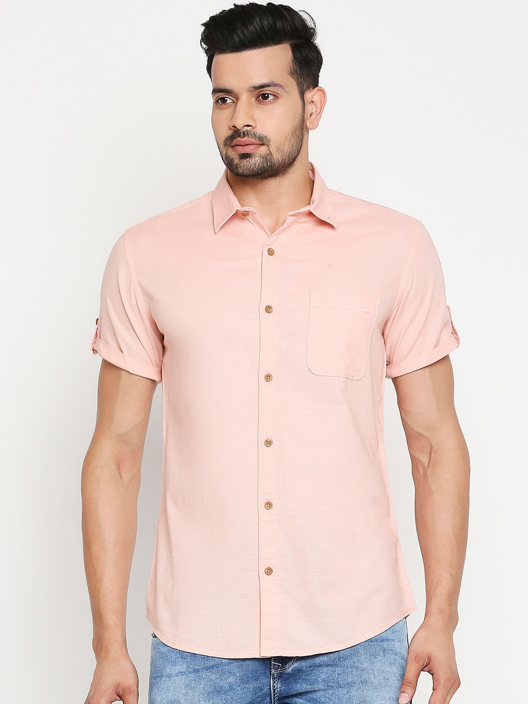 

Mufti Men Peach-Coloured Slim Fit Self Design Casual Shirt