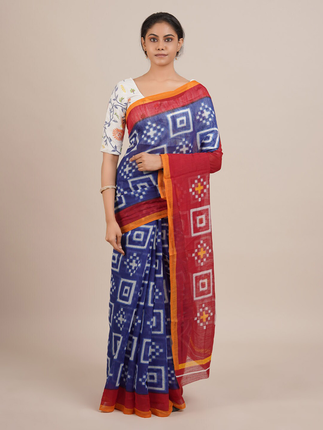 

Pothys Blue & Red Jute Silk Printed Saree
