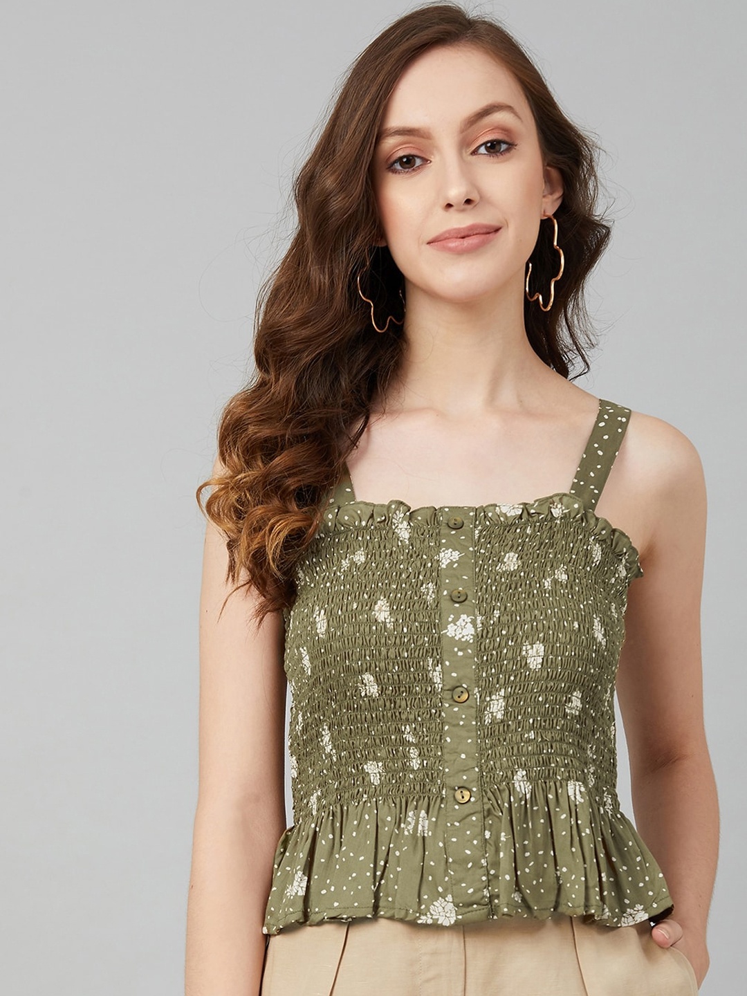

Marie Claire Women Olive Green Floral Printed Smocked Crop Top