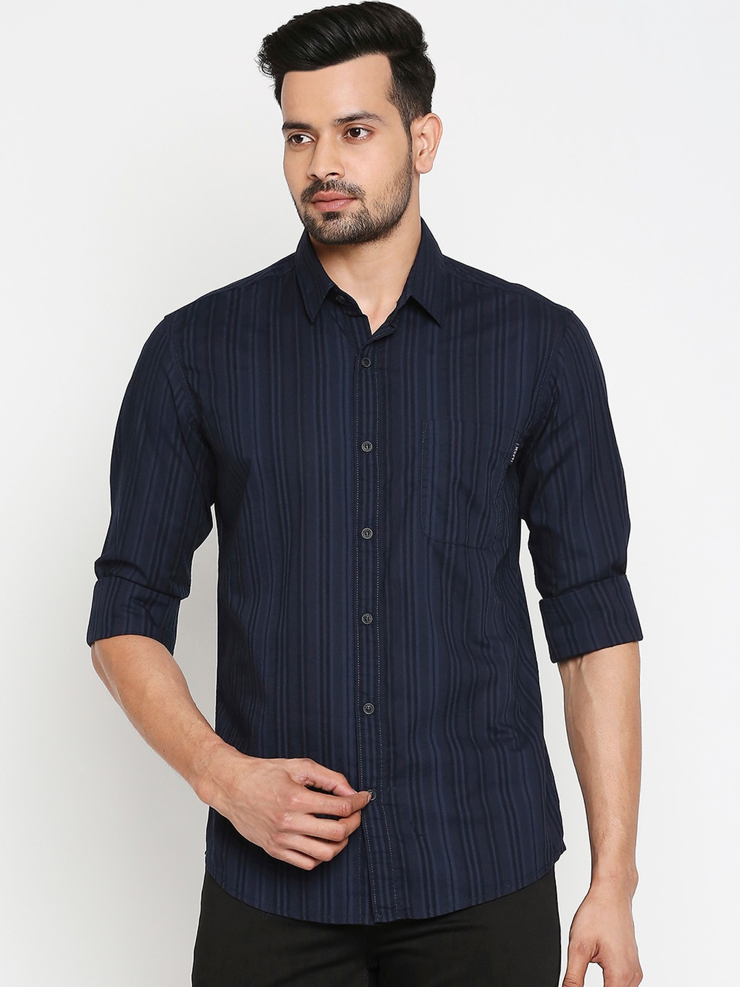 

Mufti Men Navy Blue & Black Slim Fit Striped Pure Cotton Casual Shirt