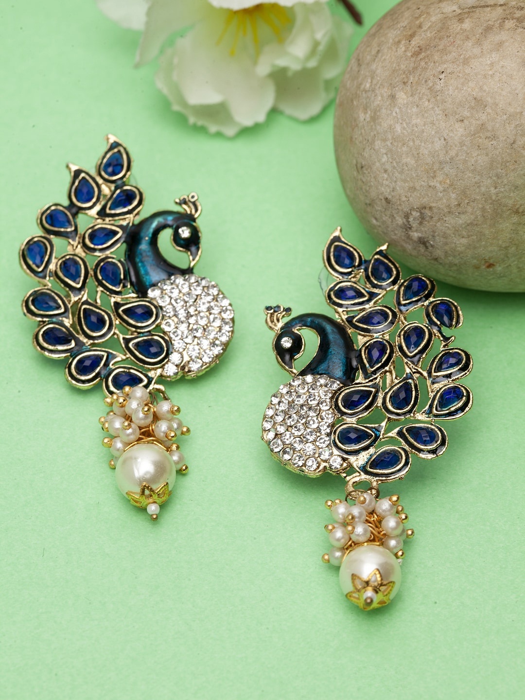 

ANIKAS CREATION Blue Gold-Plated Peacock Shaped Lightweight Meenakari Drop Earrings
