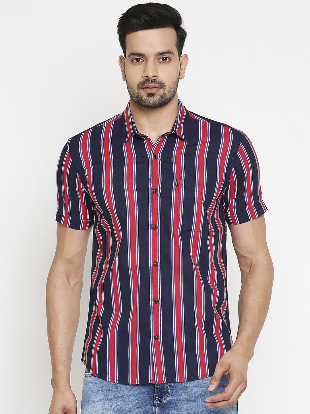

Mufti Men Navy Blue & Red Slim Fit Striped Cotton Casual Shirt