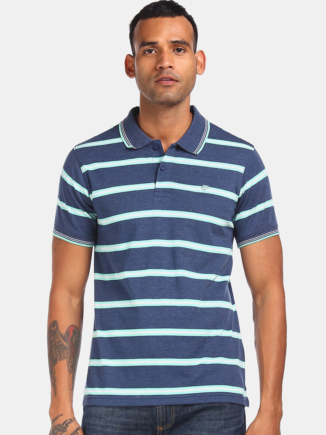 

Ruggers Men Navy Blue Striped Polo Collar T-shirt