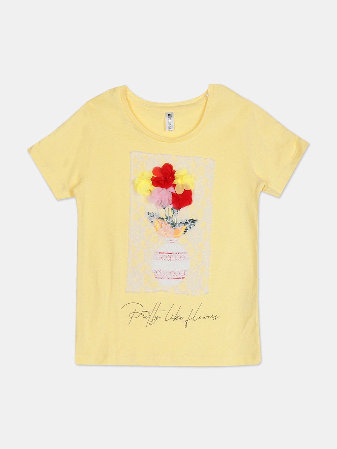 

Cherokee Girls Yellow Self Design Round Neck Pure Cotton T-shirt