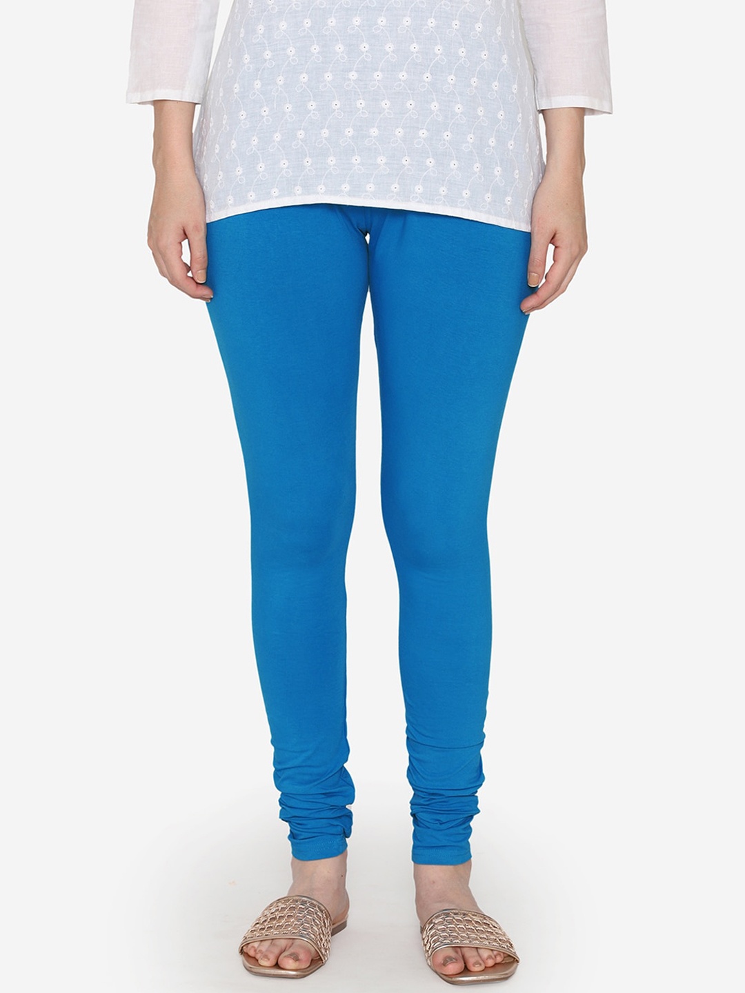 Vami Women Blue Cotton Solid Churidar-Length Leggings