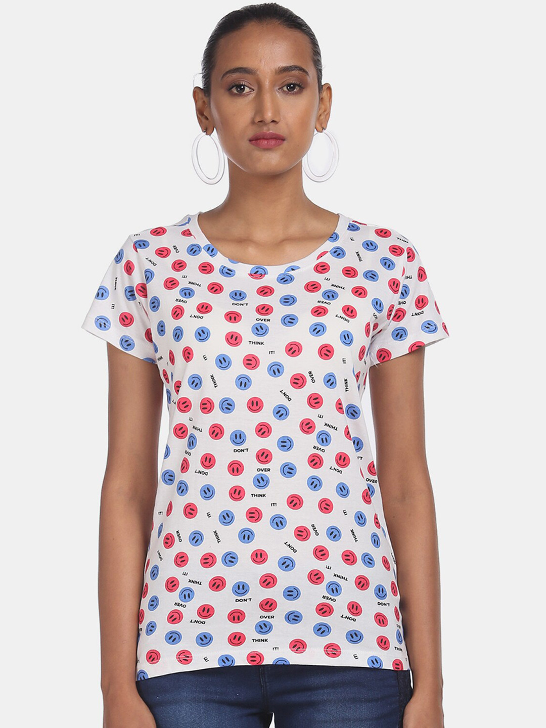 

Sugr Women White Printed Round Neck Cotton Pure Cotton T-shirt