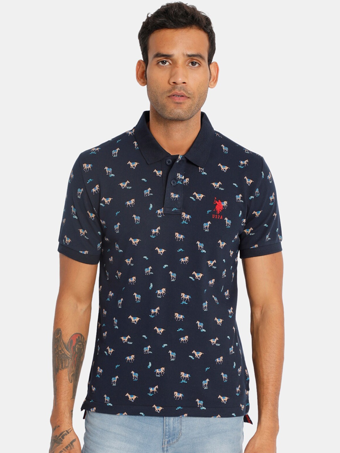 

U.S. Polo Assn. Men Blue Printed Polo Collar T-shirt