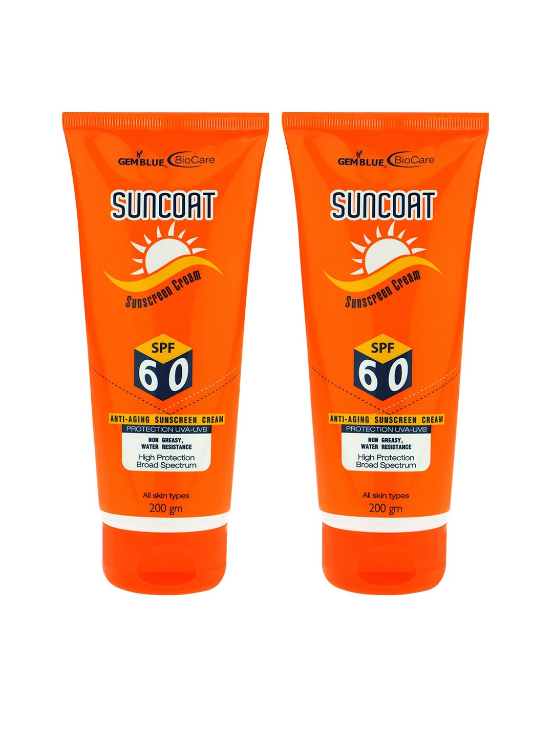 

GEMBLUE BioCare Unisex Pack of 2 Suncoat Sunscreen Cream SPF 60 400 gm, Orange