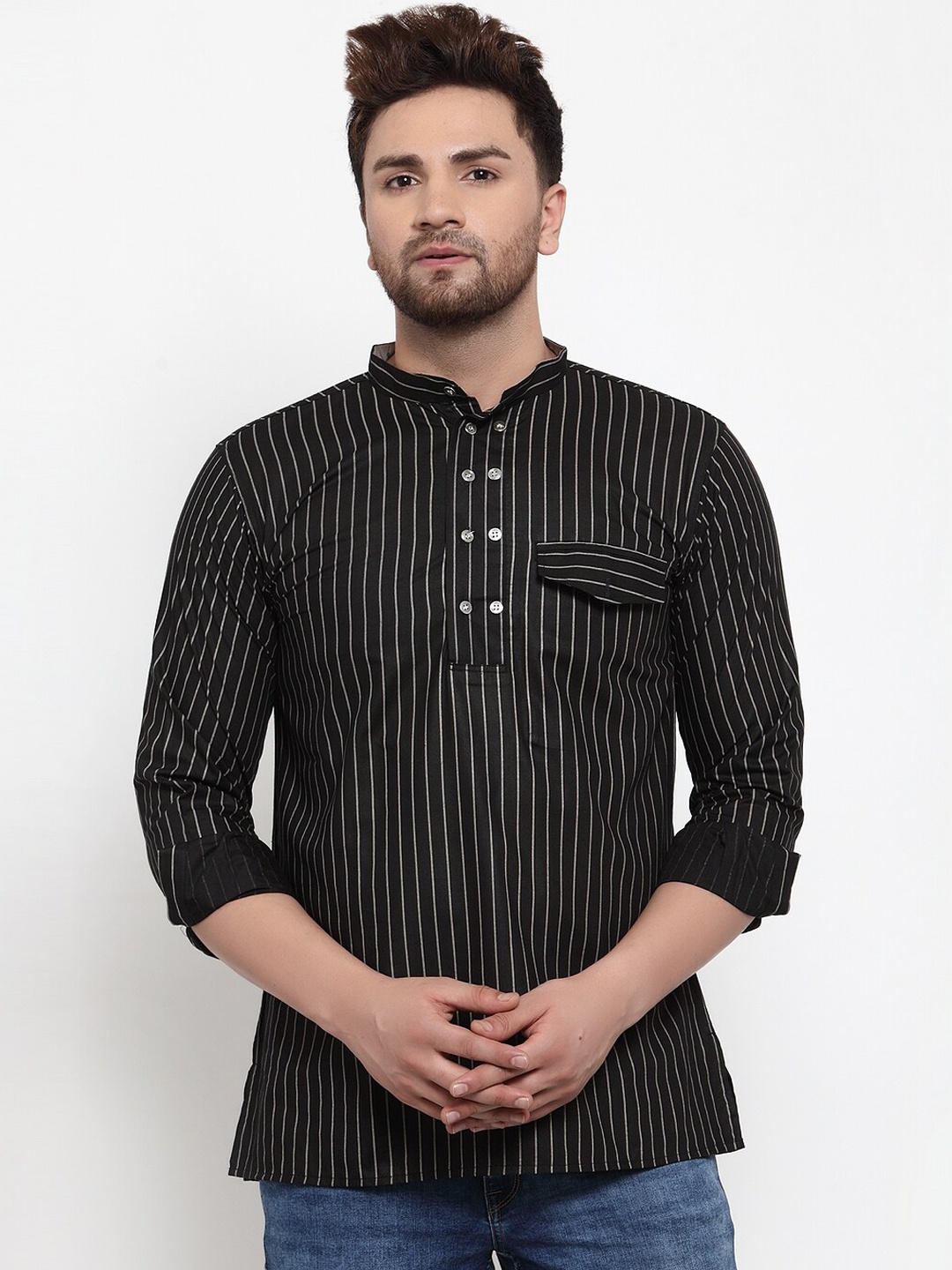 KLOTTHE Men Black & White Striped Kurta