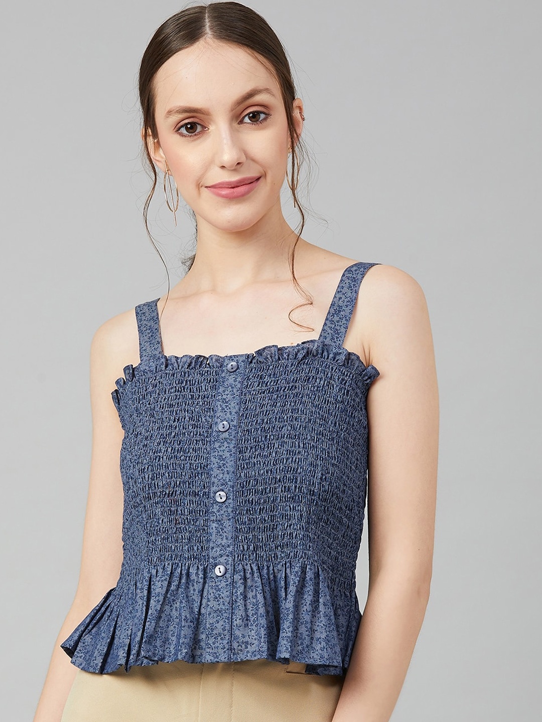 

Carlton London Blue Printed Pure Cotton Peplum Top
