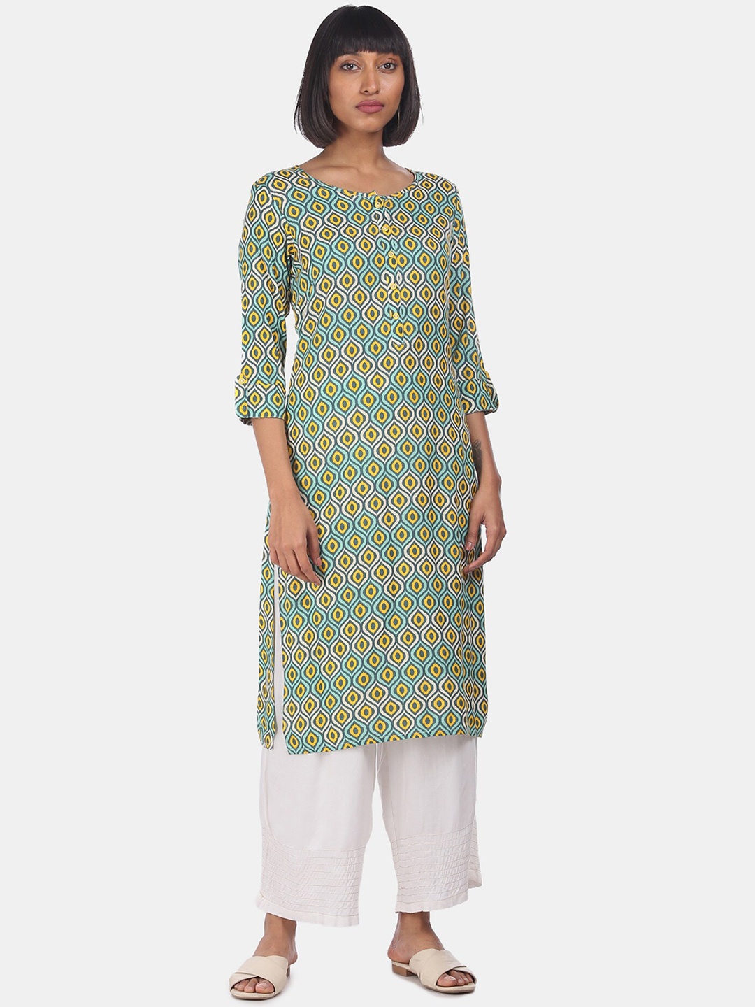 

Karigari Women Green & Yellow Geometric Printed Kurta