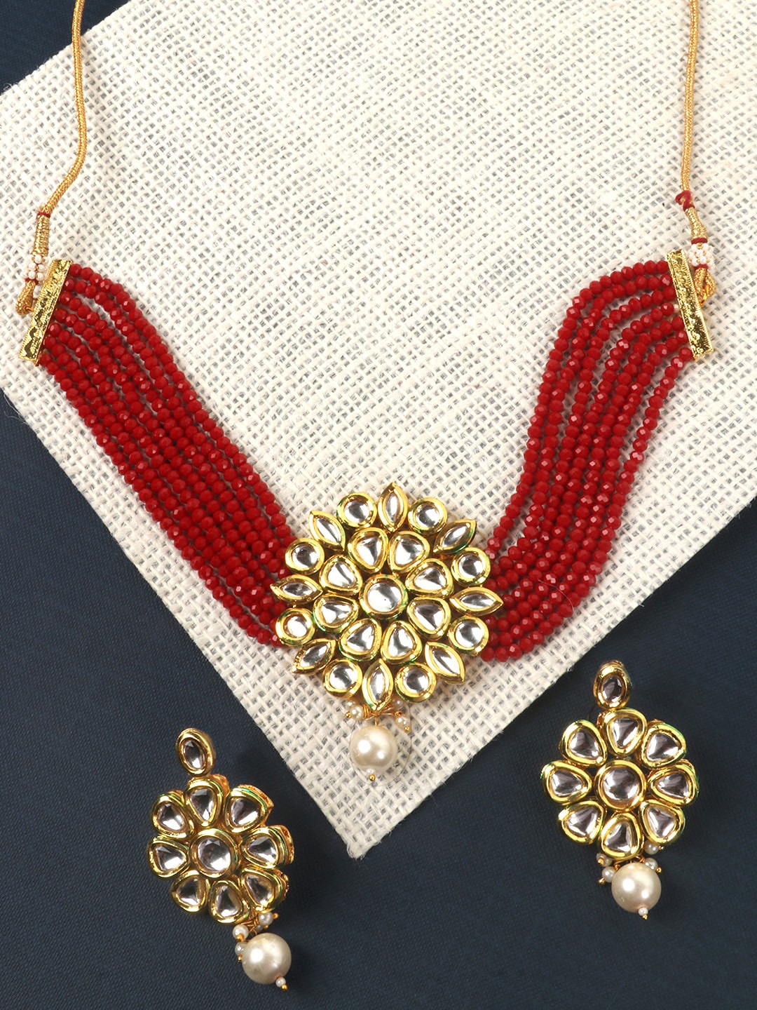 

JEWELS GEHNA Gold-Plated Red & White Kundan-Studded Beaded Chokers With Earrings