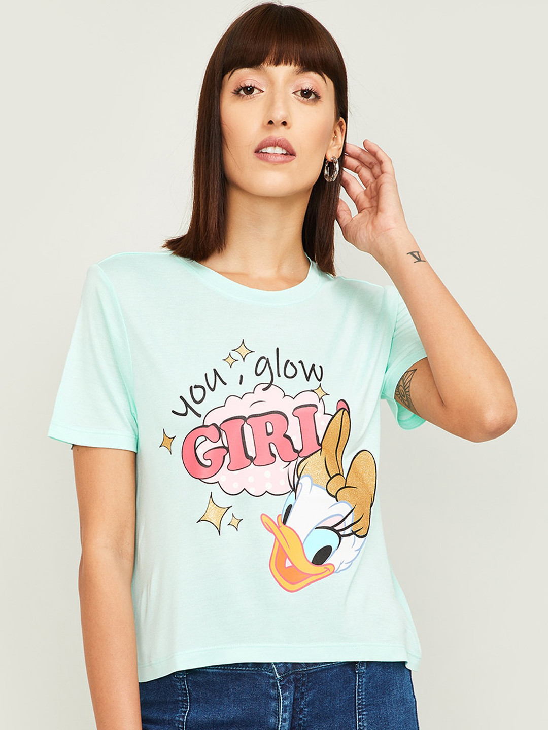 

Ginger by Lifestyle Women Turquoise Blue Printed Round Neck T-shirt