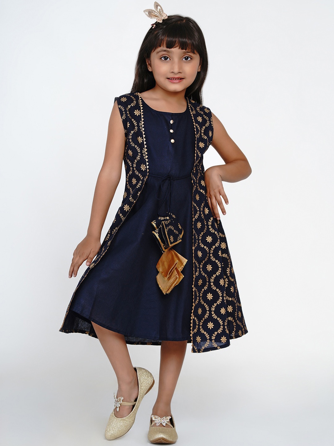 

Bitiya by Bhama Girls Navy Blue Printed Layered A-Line Dress