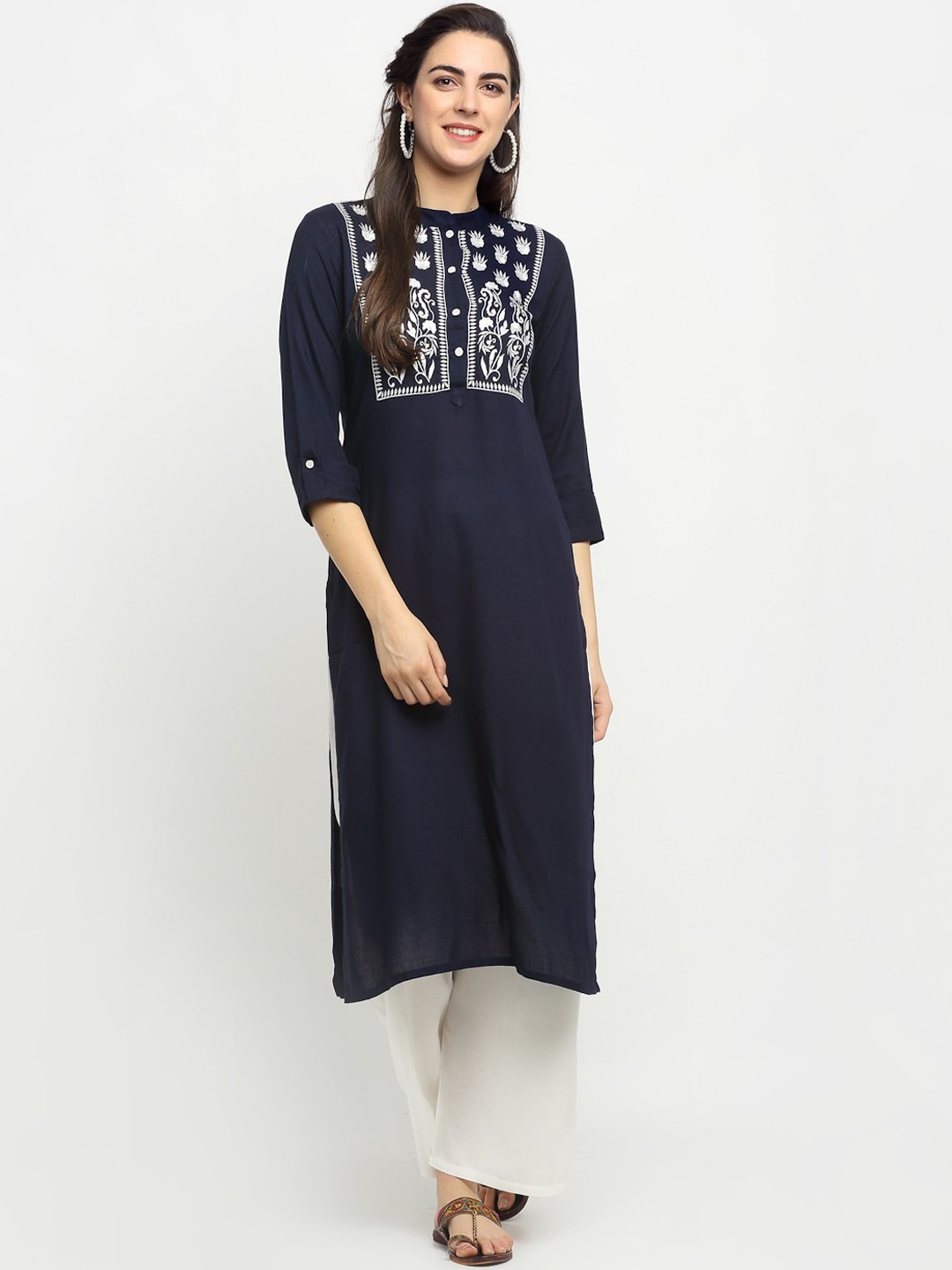 

Rudra Bazaar Women Navy Blue Yoke Design Kurta with Palazzos