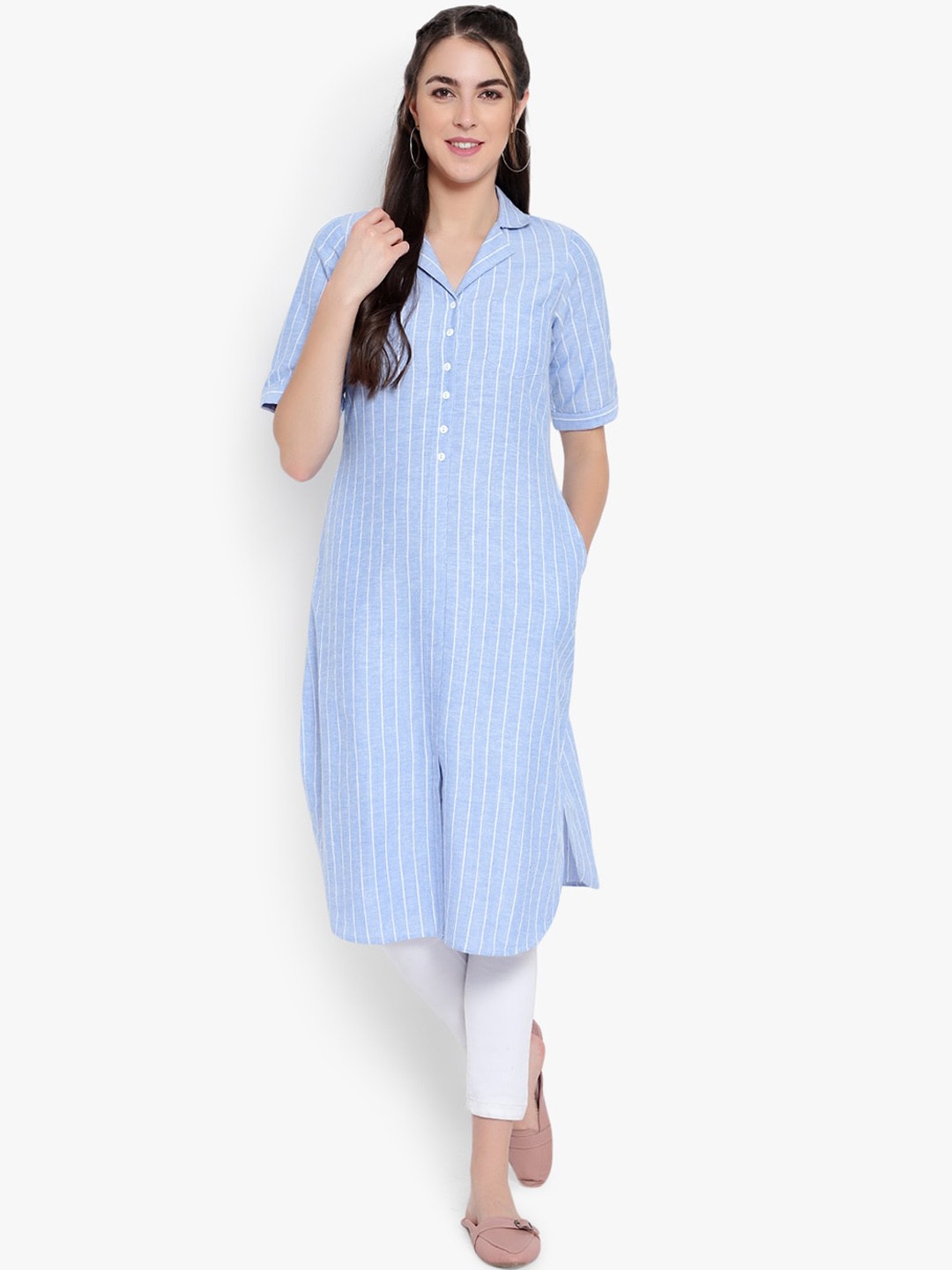 

Ayaany Women Blue & White Striped Kurta