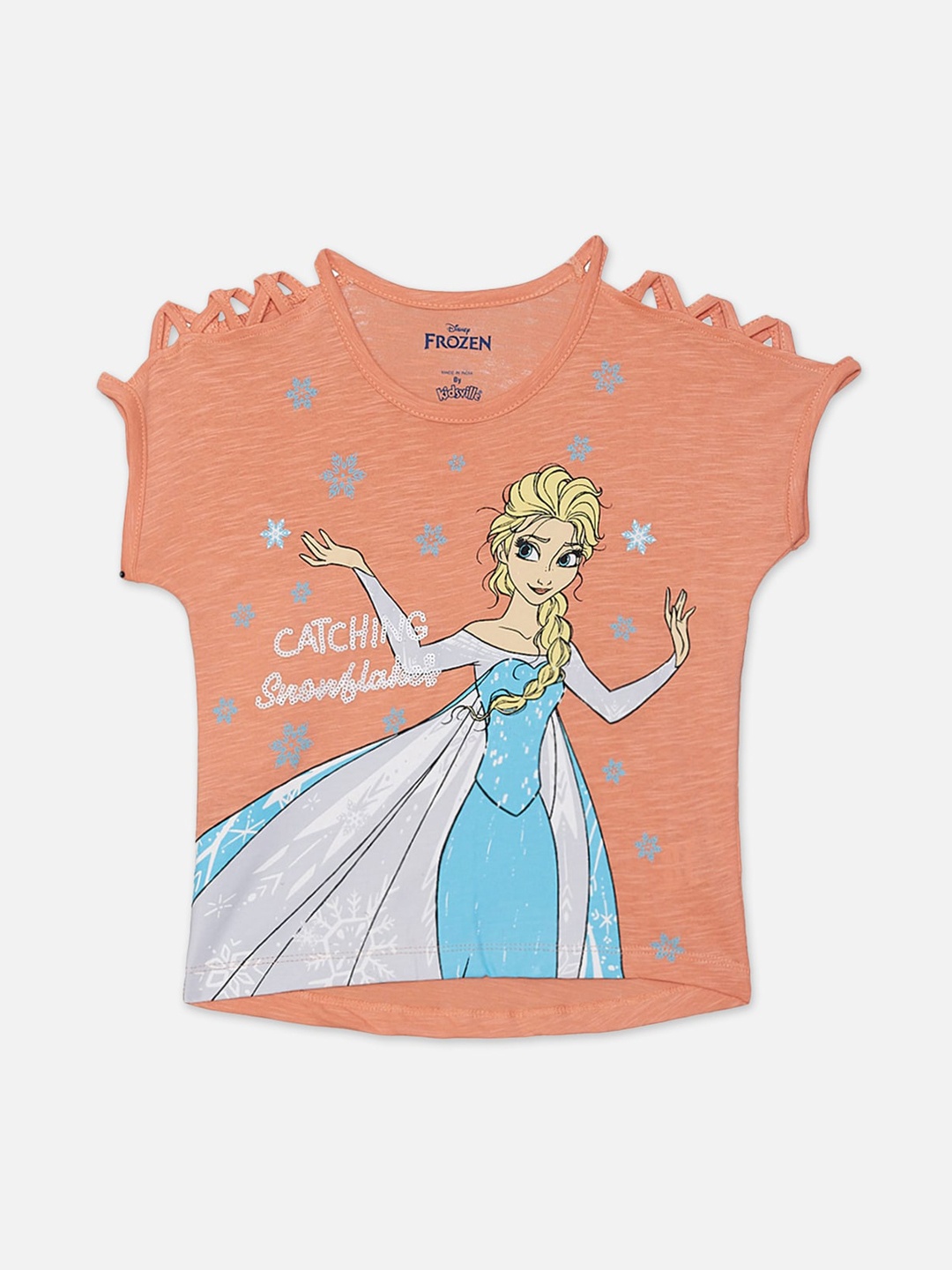 

Kids Ville Girls Peach Frozen Printed Extended Sleeves T-shirt