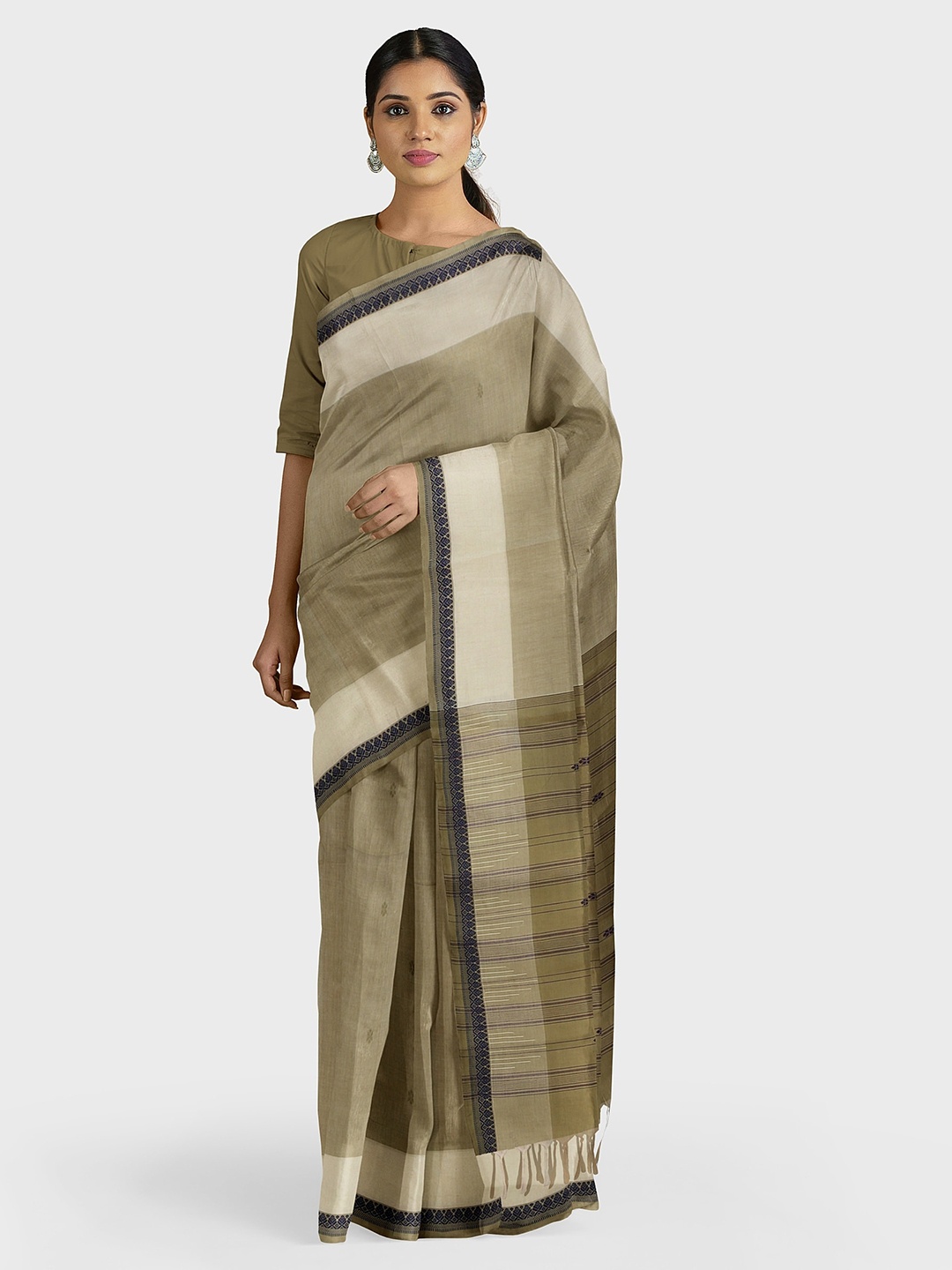 

APCO Olive Green Solid Pure Cotton Saree