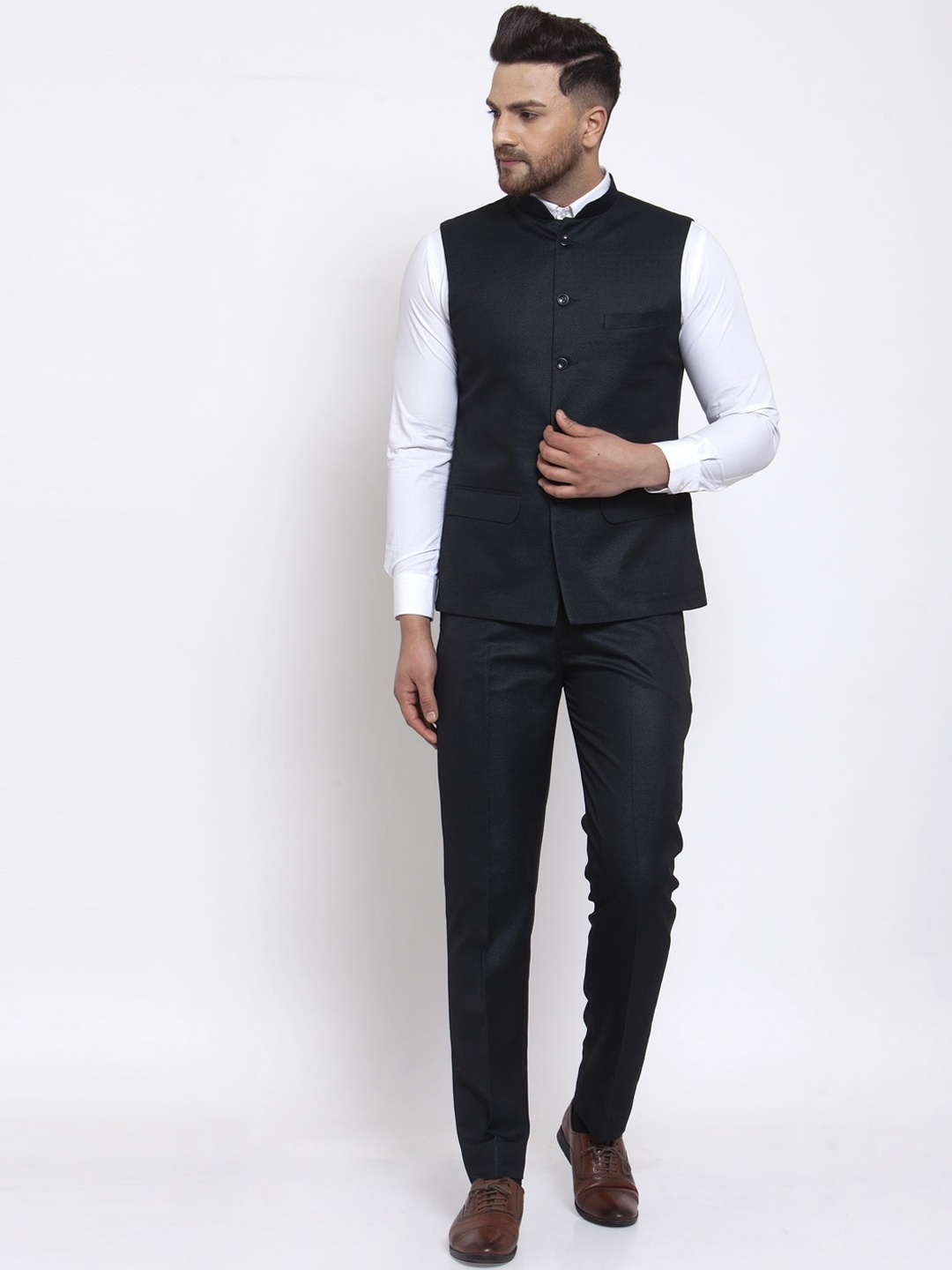 

Wintage Men Navy Blue Solid Single-Breasted Bandhgala Formal Two-Piece Suit
