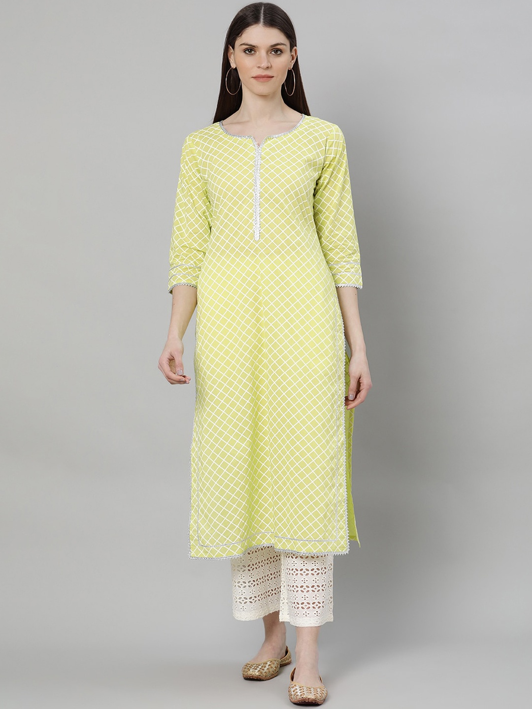 

Libas Women Green & Off White Checked Kurta