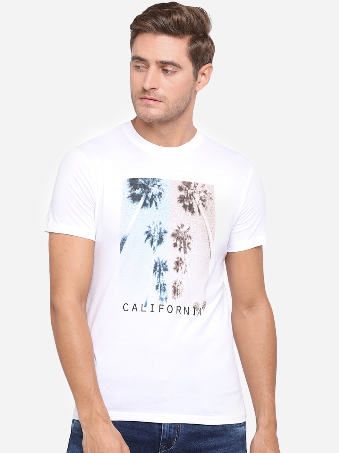 

Greenfibre Men White Printed Round Neck T-shirt
