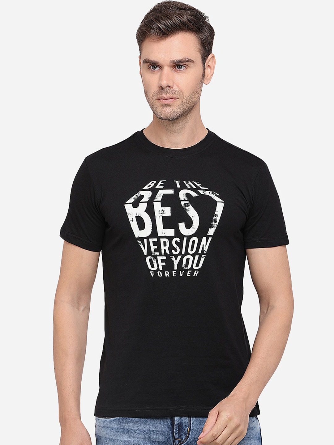 

Greenfibre Men Black Printed Round Neck Pure Cotton T-shirt
