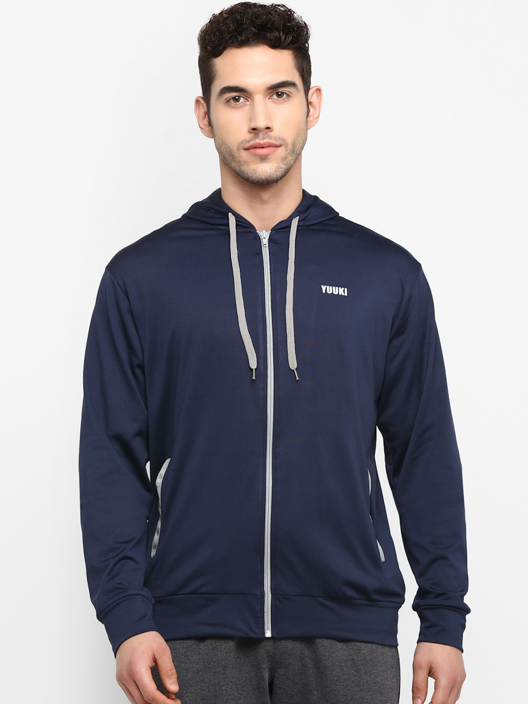 

Yuuki Men Navy Blue Solid Hooded Sporty Jacket