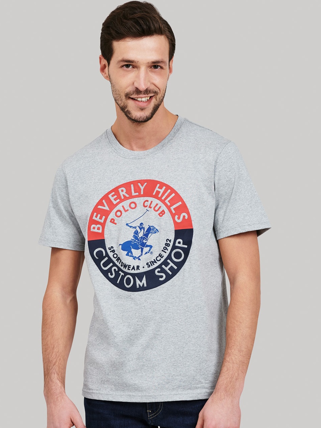 

Beverly Hills Polo Club Men Grey Printed Round Neck Cotton T-shirt