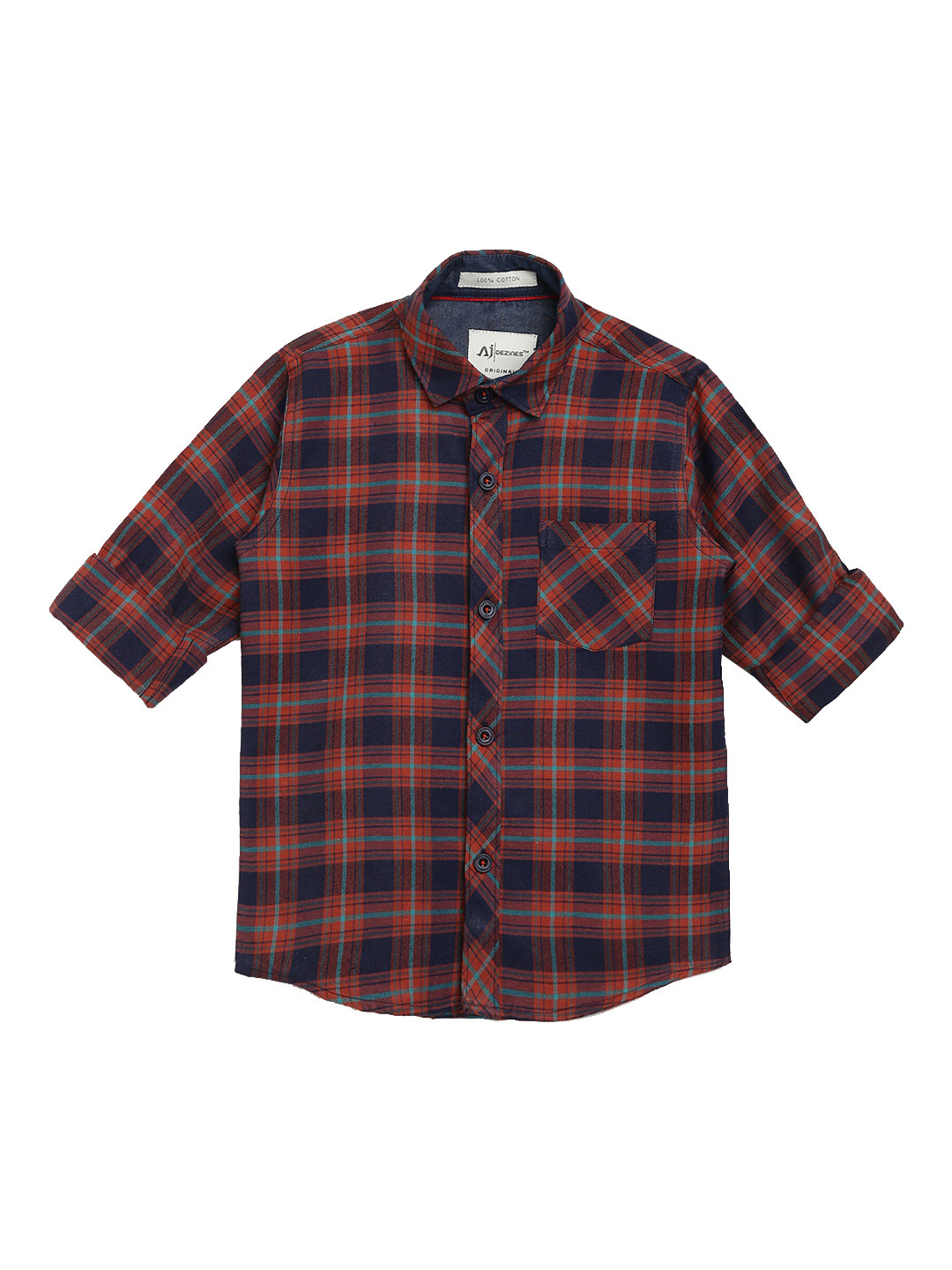 

Aj DEZInES Boys Navy Blue & Orange Regular Fit Checked Casual Shirt