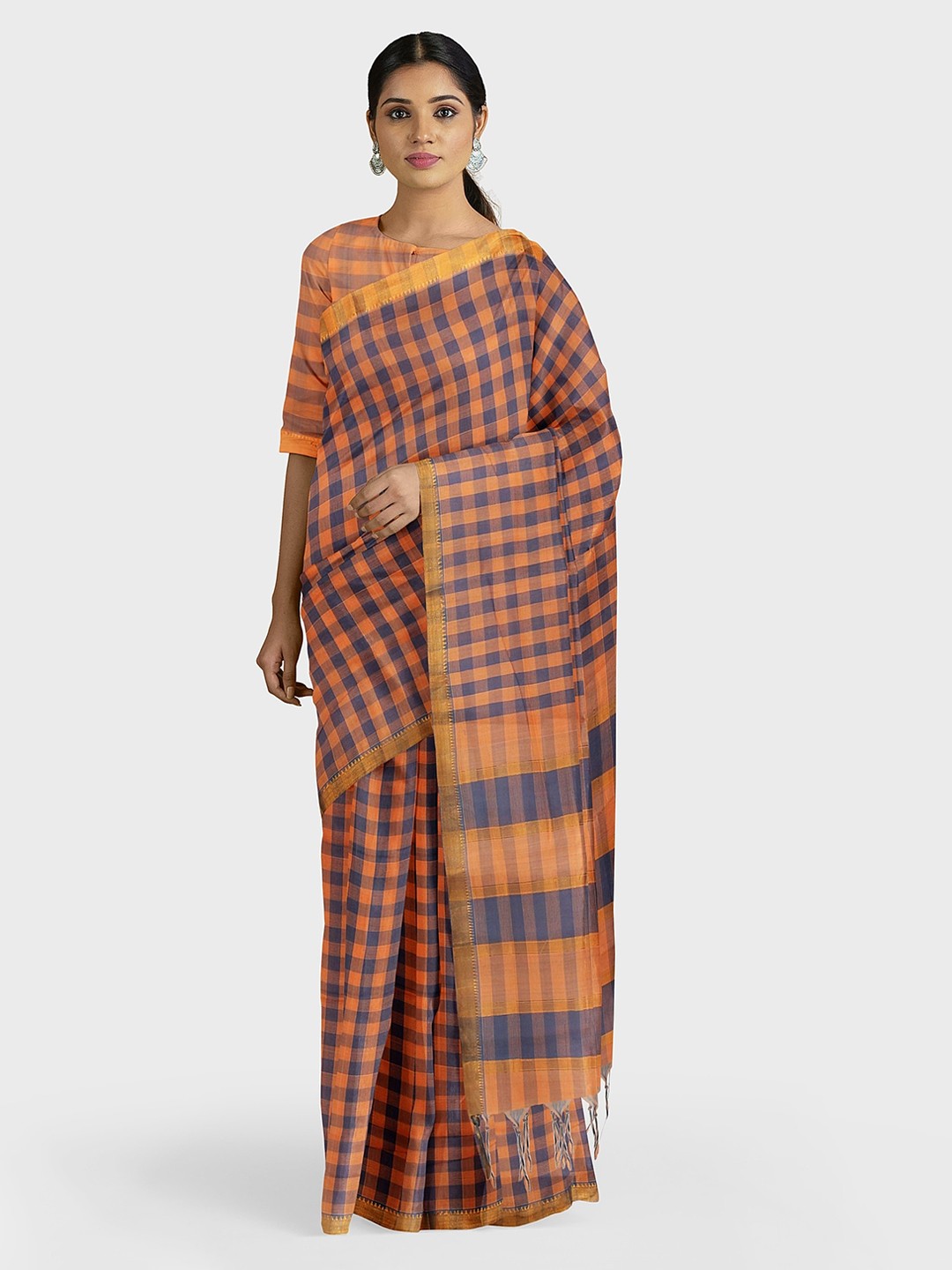 

APCO Peach-Coloured & Navy Blue Pure Cotton Checked Saree