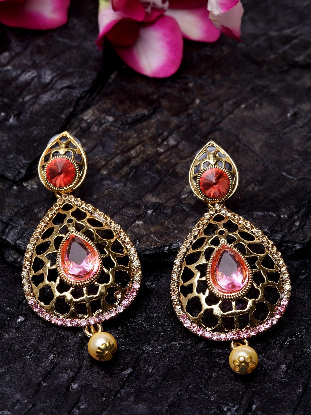 

ANIKAS CREATION Gold-Plated & Pink Contemporary Drop Earrings
