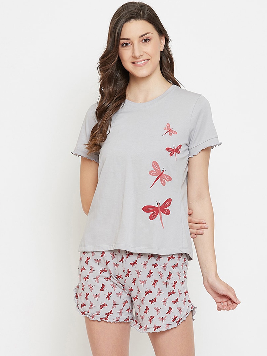 

Clovia Women Grey & Maroon Printed Night suit
