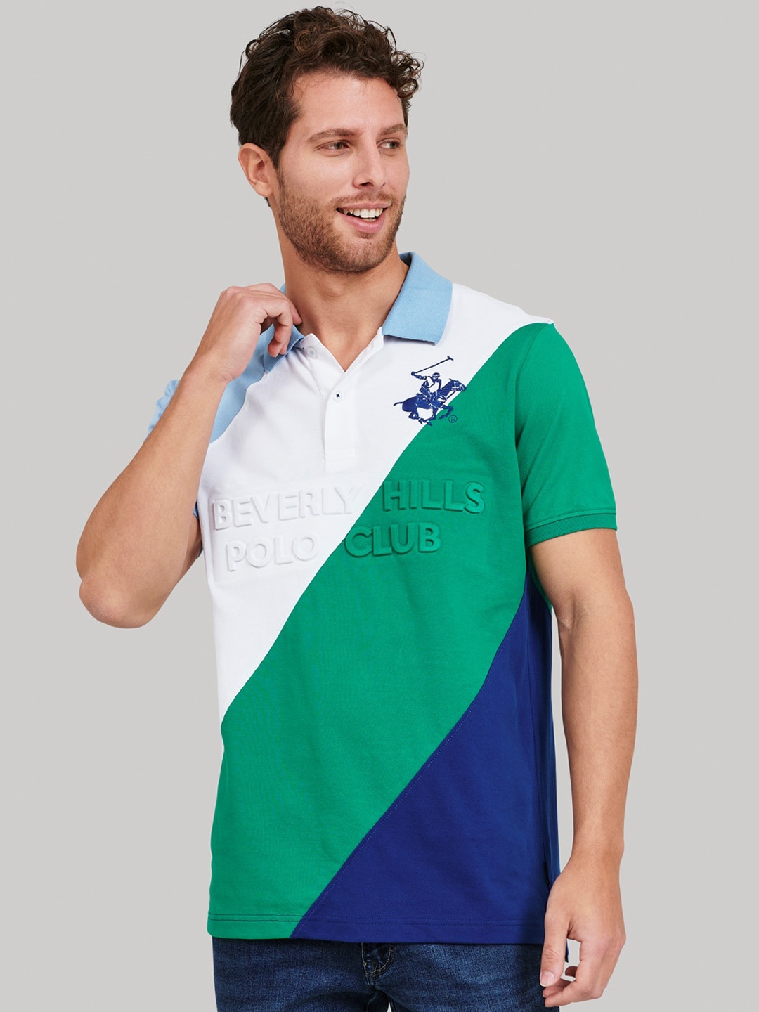 

Beverly Hills Polo Club Men Blue Colourblocked Polo Collar T-shirt