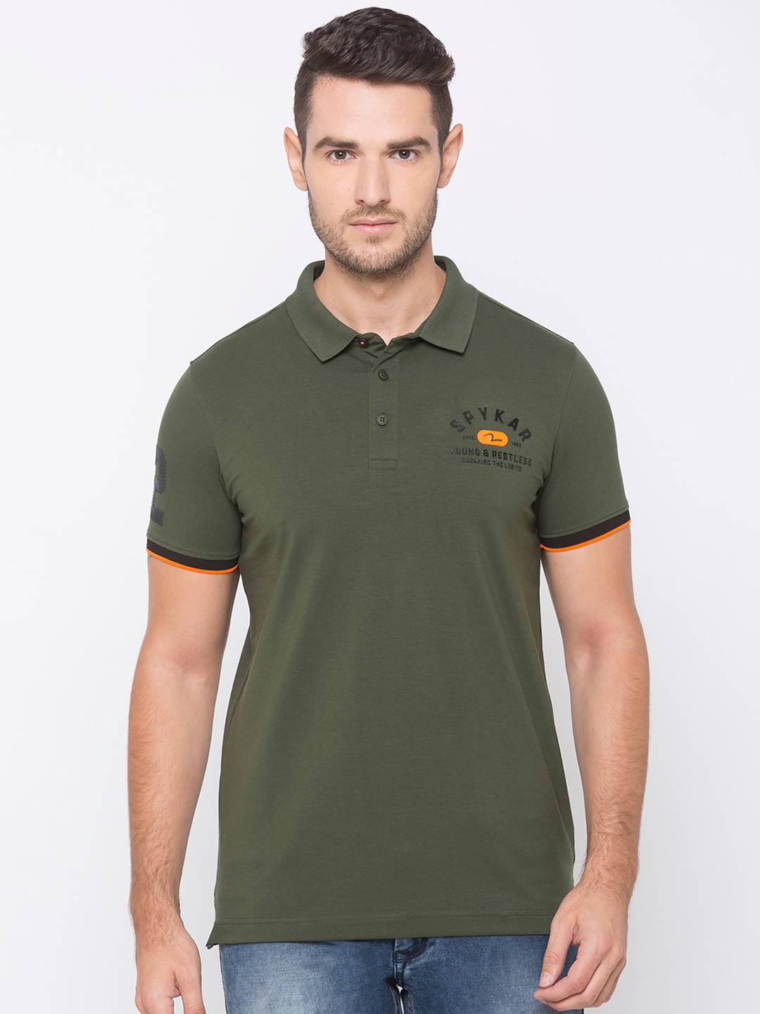 

SPYKAR Men Olive Green Solid Polo Collar Cotton Pure Cotton T-shirt