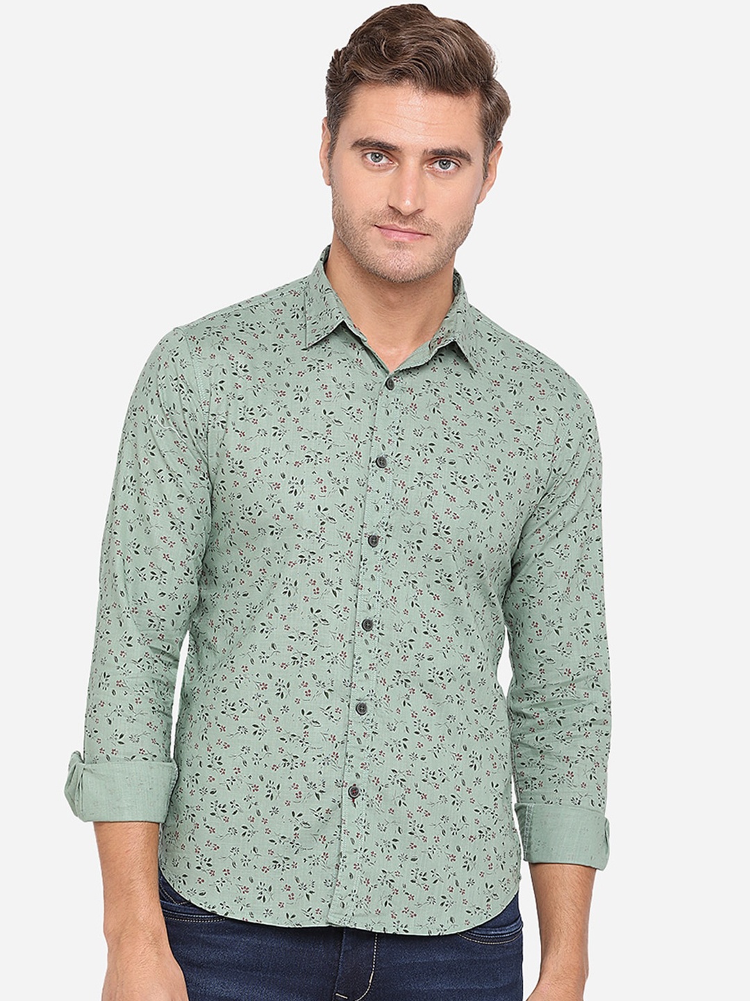

Greenfibre Men Green Slim Fit Floral Printed Cotton Casual Shirt