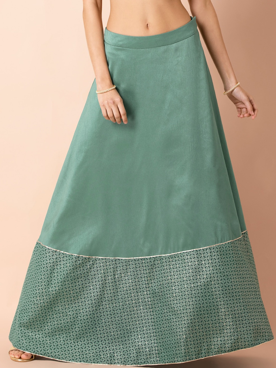 

INDYA Women Green & Golden Foil Printed Flared Maxi Skirt