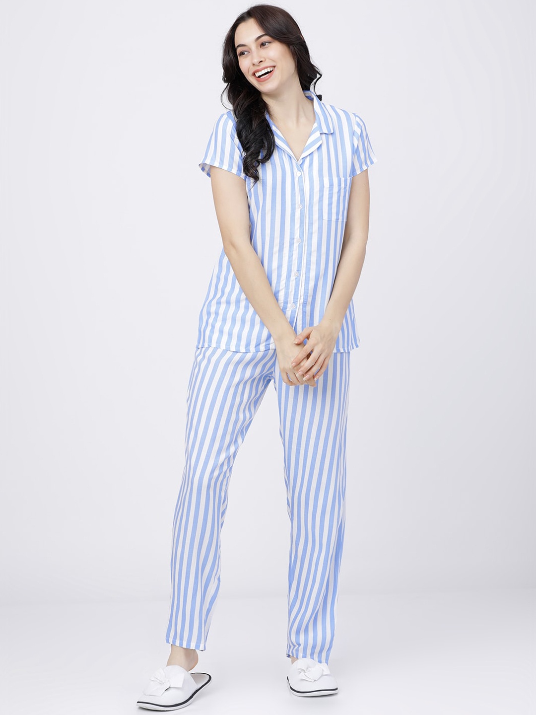 

Tokyo Talkies Women Blue & White Striped Night suit
