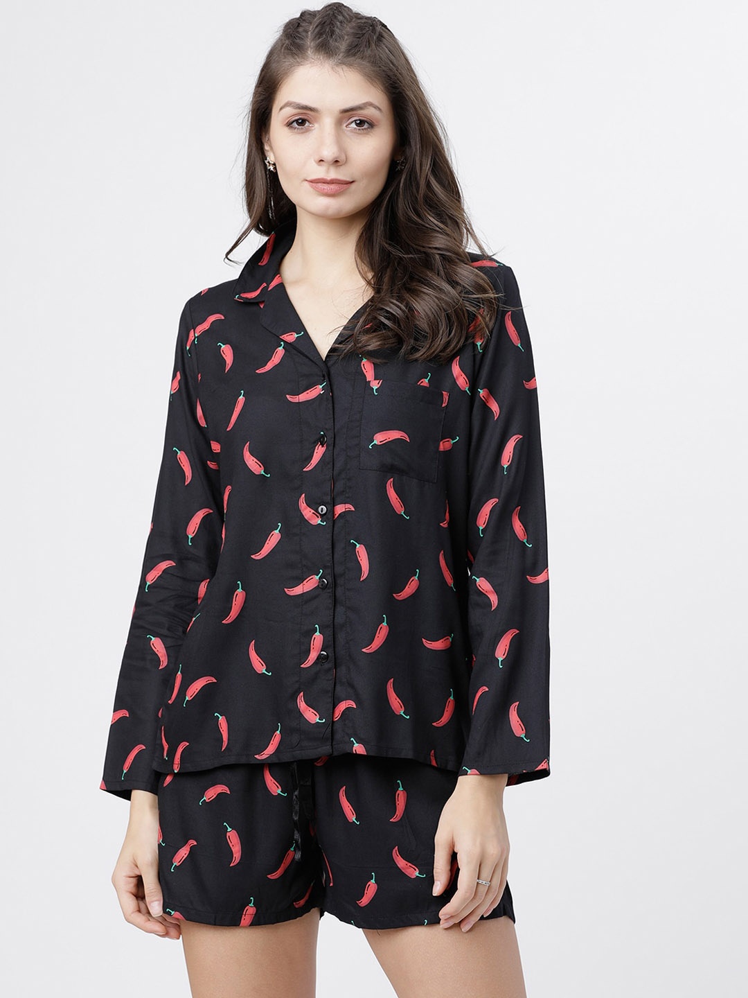

Tokyo Talkies Women Black & Red Printed Night suit