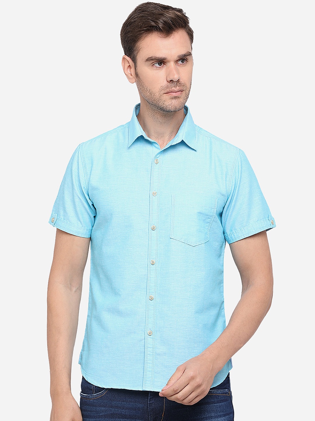 Greenfibre Men Blue Slim Fit Solid Casual Shirt