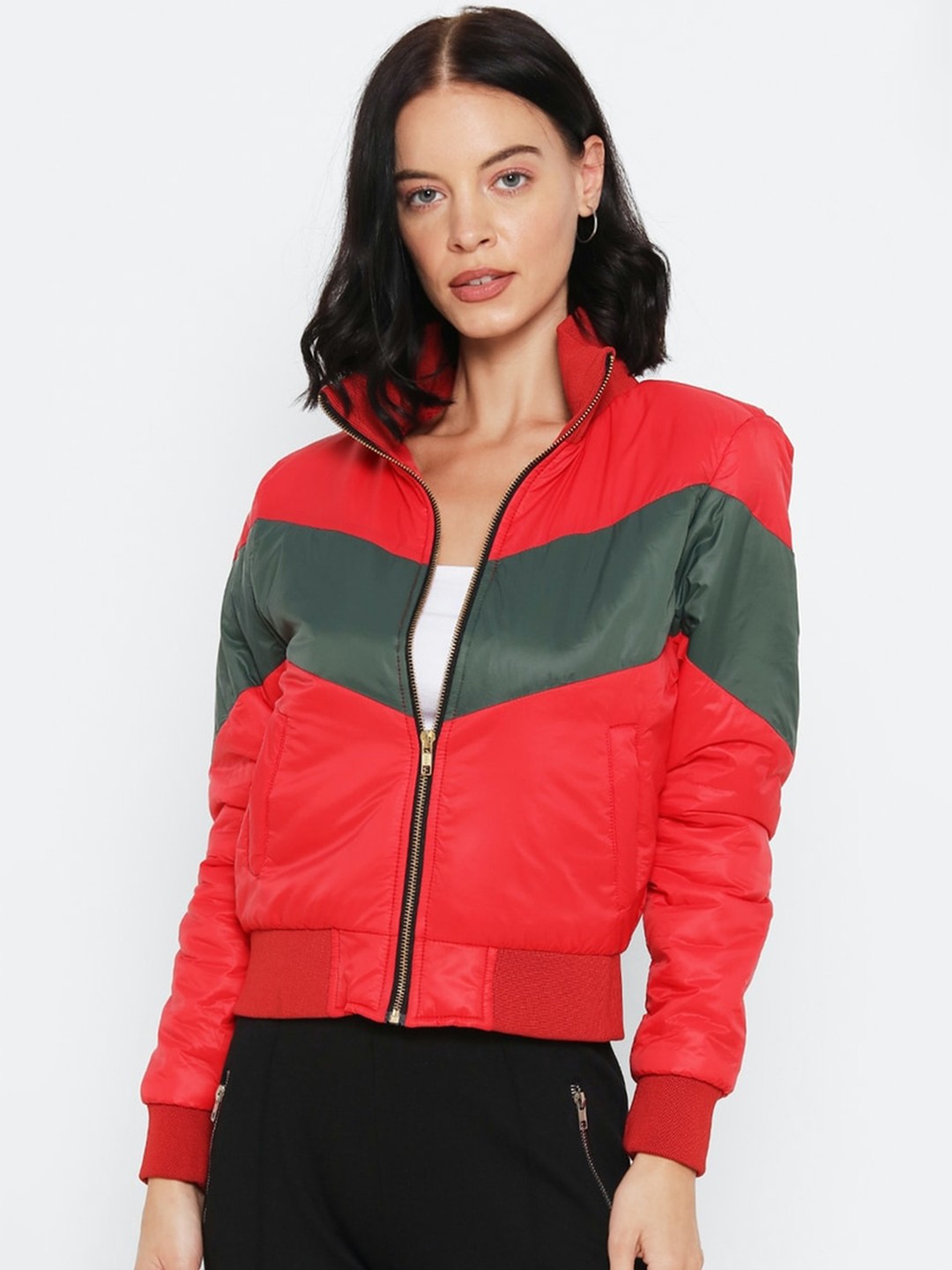 

FOREVER 21 Women Red Colourblocked Bomber